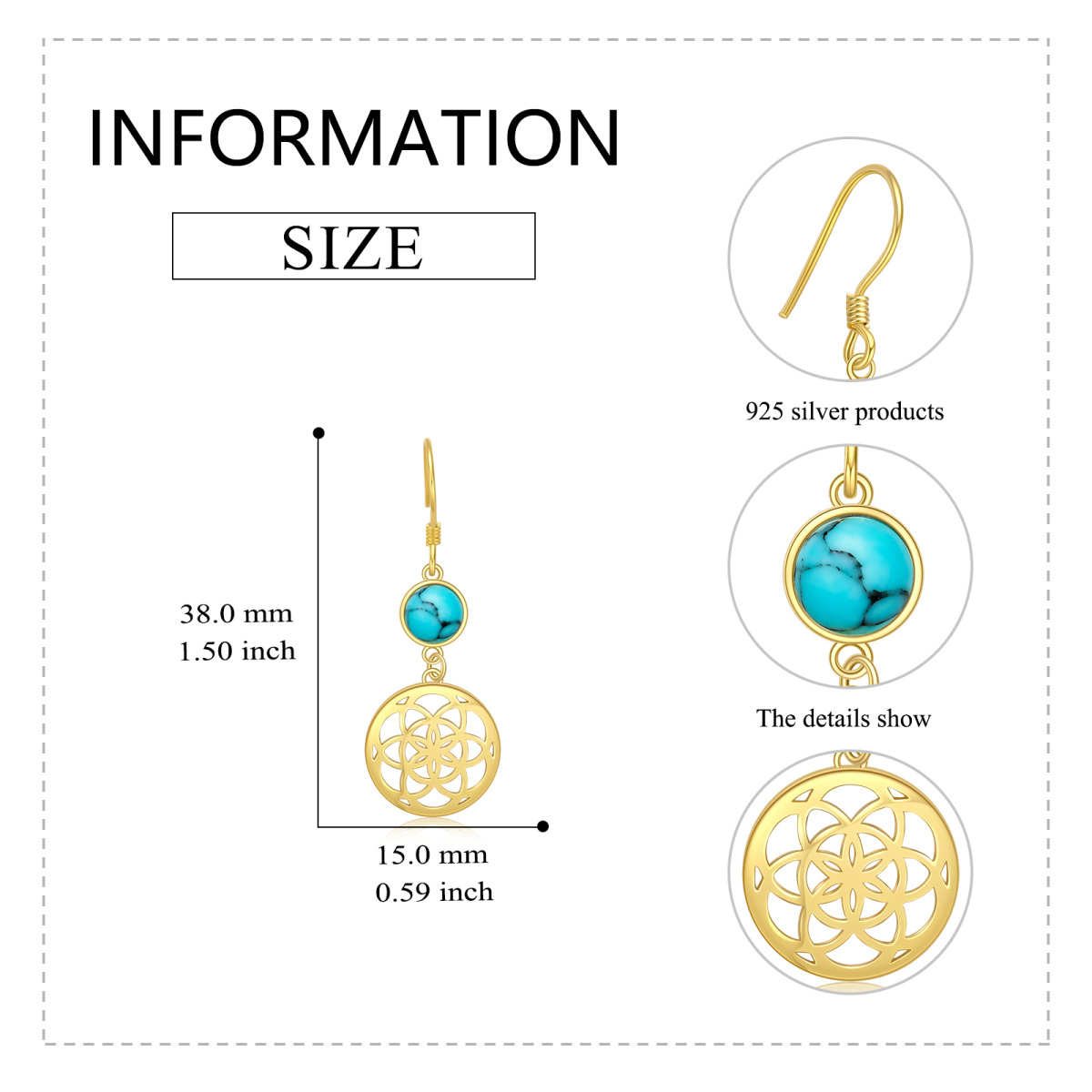 Gold Vermeil Circular Turquoise Flowers Drop Earrings for Women-5