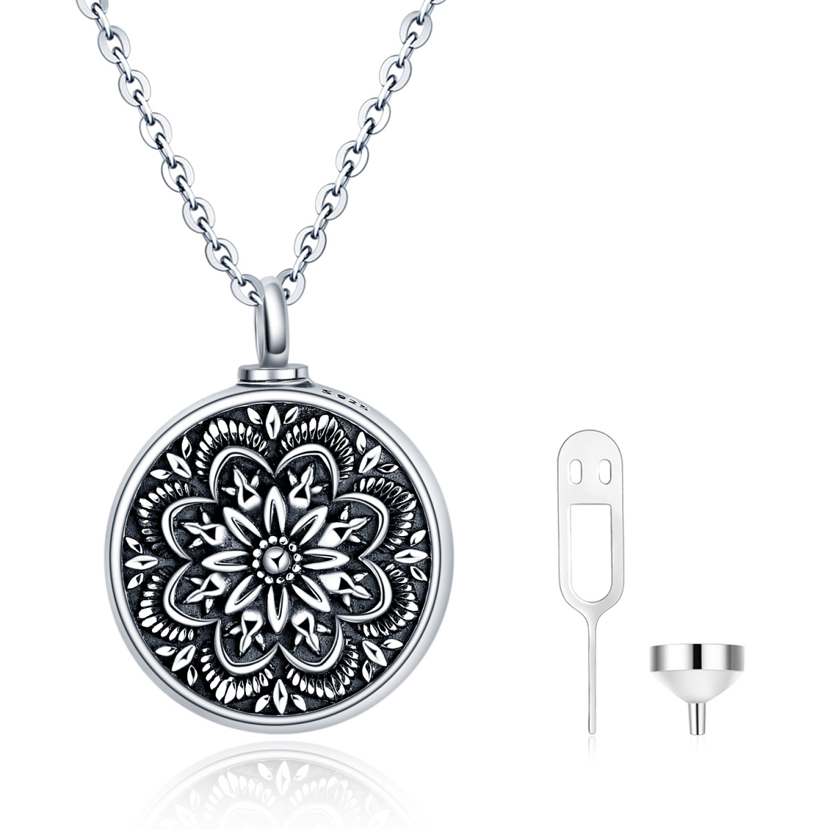 Sterling Silver Flower Of Life Urn Necklace for Ashes with Engraved Word-1