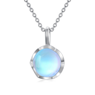 Sterling Silver Flower Synthetic Rainbow Moonstone Round Pendant Necklace-5