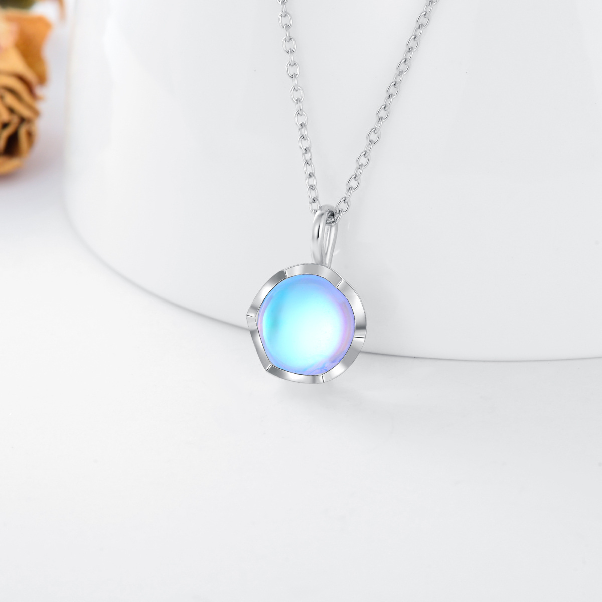 Sterling Silver Flower Synthetic Rainbow Moonstone Round Pendant Necklace-3