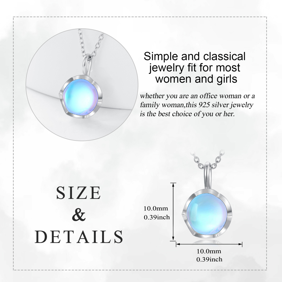 Sterling Silver Flower Synthetic Rainbow Moonstone Round Pendant Necklace-5