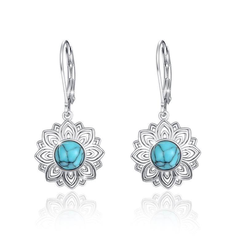 Sterling Silver Round Turquoise Lotus Lever-back Earrings-1
