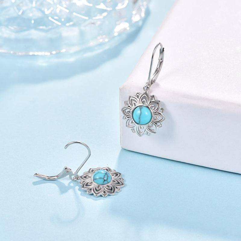 Sterling Silver Round Turquoise Lotus Lever-back Earrings-4