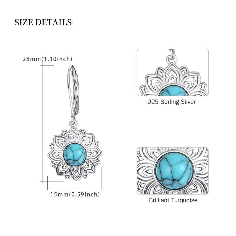 Sterling Silver Round Turquoise Lotus Lever-back Earrings-5