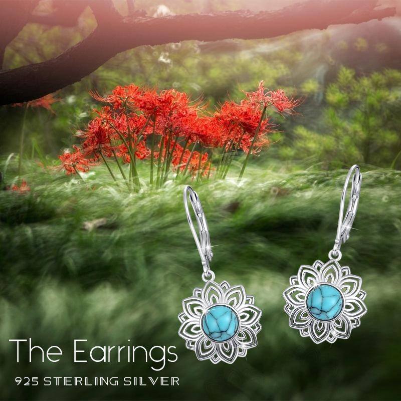 Sterling Silver Round Turquoise Lotus Lever-back Earrings-6