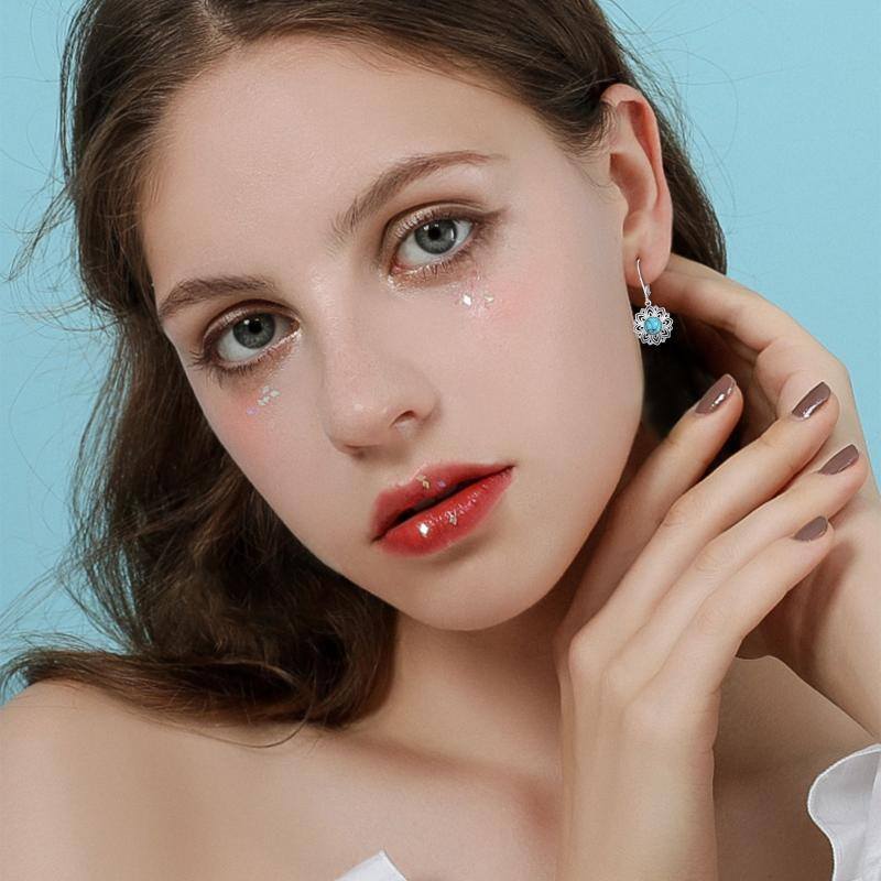 Sterling Silver Round Turquoise Lotus Lever-back Earrings-2