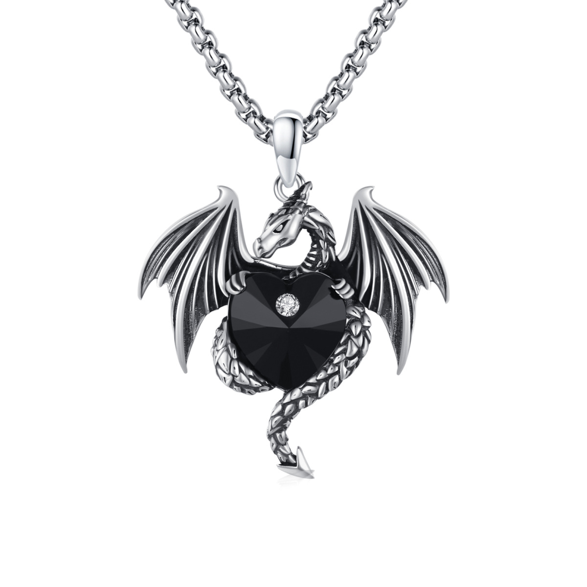 Collana con ciondolo di cristallo a forma di cuore nero del Drago volante in argento sterling-1