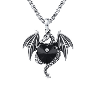 Sterling Silver Flying Dragon Black Heart Crystal Pendant Necklace-23