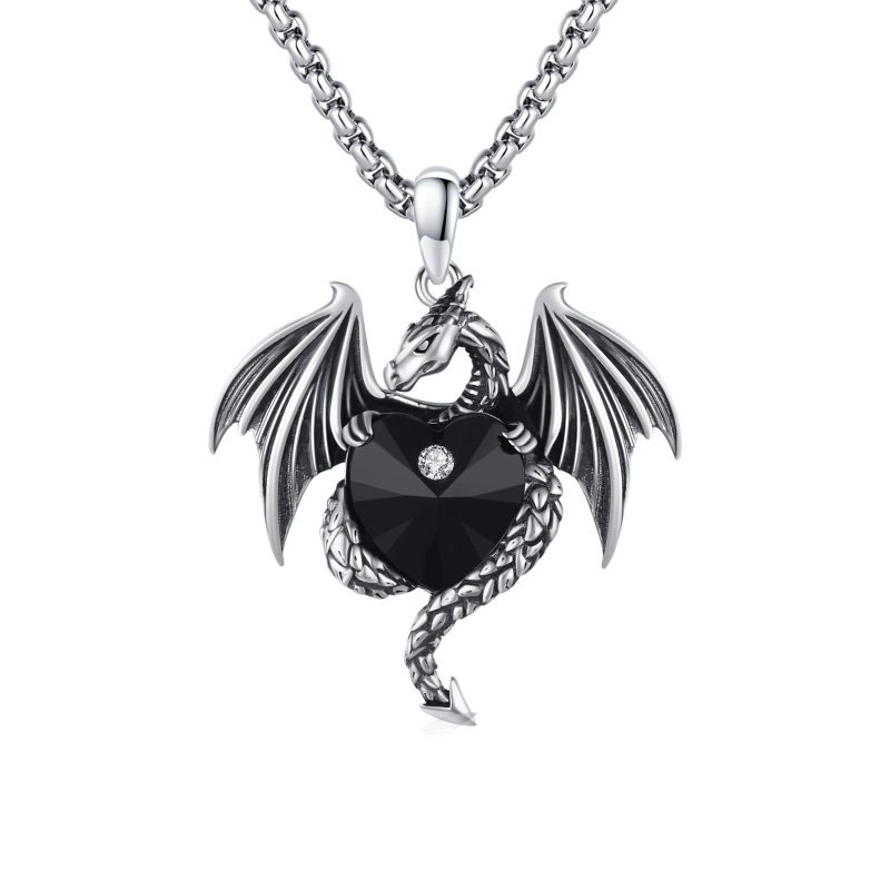 Sterling Silver Flying Dragon Black Heart Crystal Pendant Necklace-12