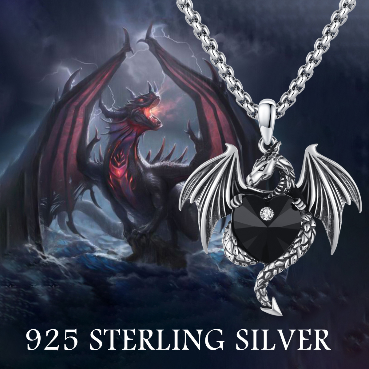 Collana con ciondolo di cristallo a forma di cuore nero del Drago volante in argento sterling-5