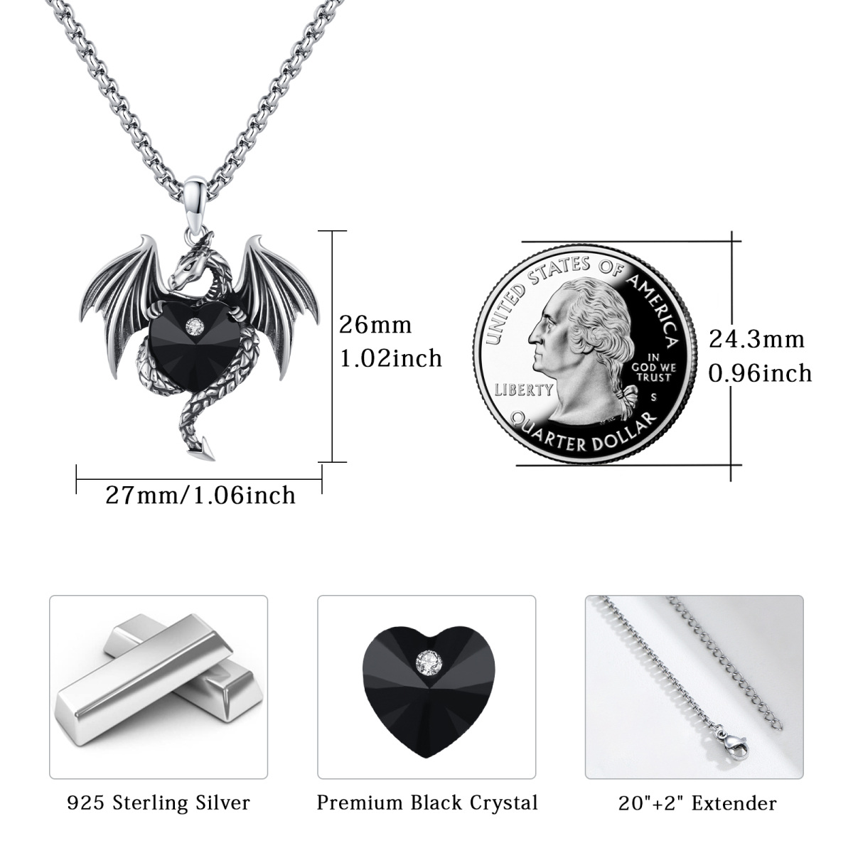 Collier en argent sterling avec pendentif dragon volant et coeur en cristal noir-6