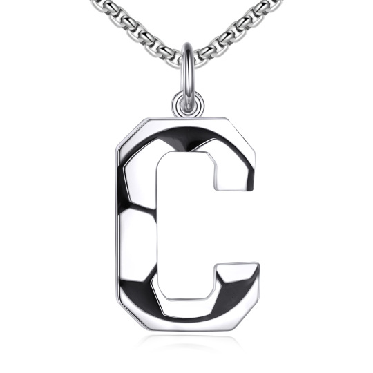 Sterling Silver Football Pendant Necklace with Initial Letter C for Men