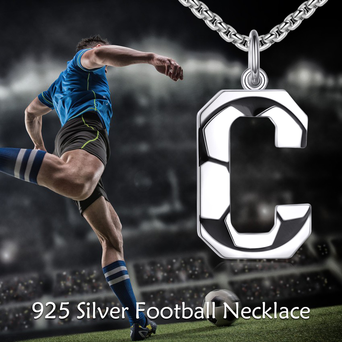 Sterling Silver Football Pendant Necklace with Initial Letter C for Men-5