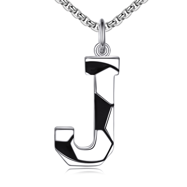 Sterling Silver Football Pendant Necklace with Initial Letter J for Men-1