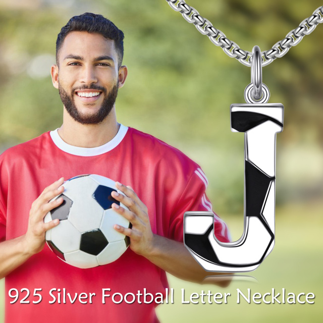 Collar de plata de ley con colgante de fútbol y letra inicial J para hombre-3