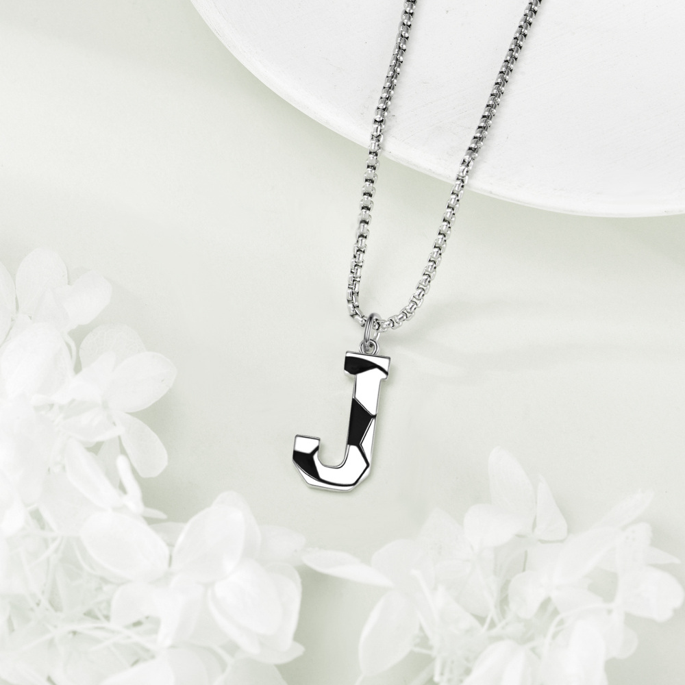 Sterling Silver Football Pendant Necklace with Initial Letter J for Men-5