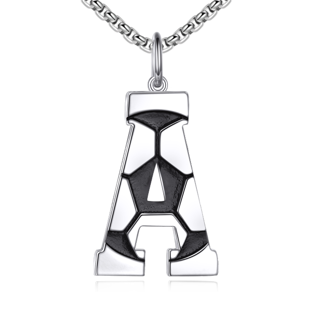 Sterling Silver Football Pendant Necklace with Initial Letter A for Men-1