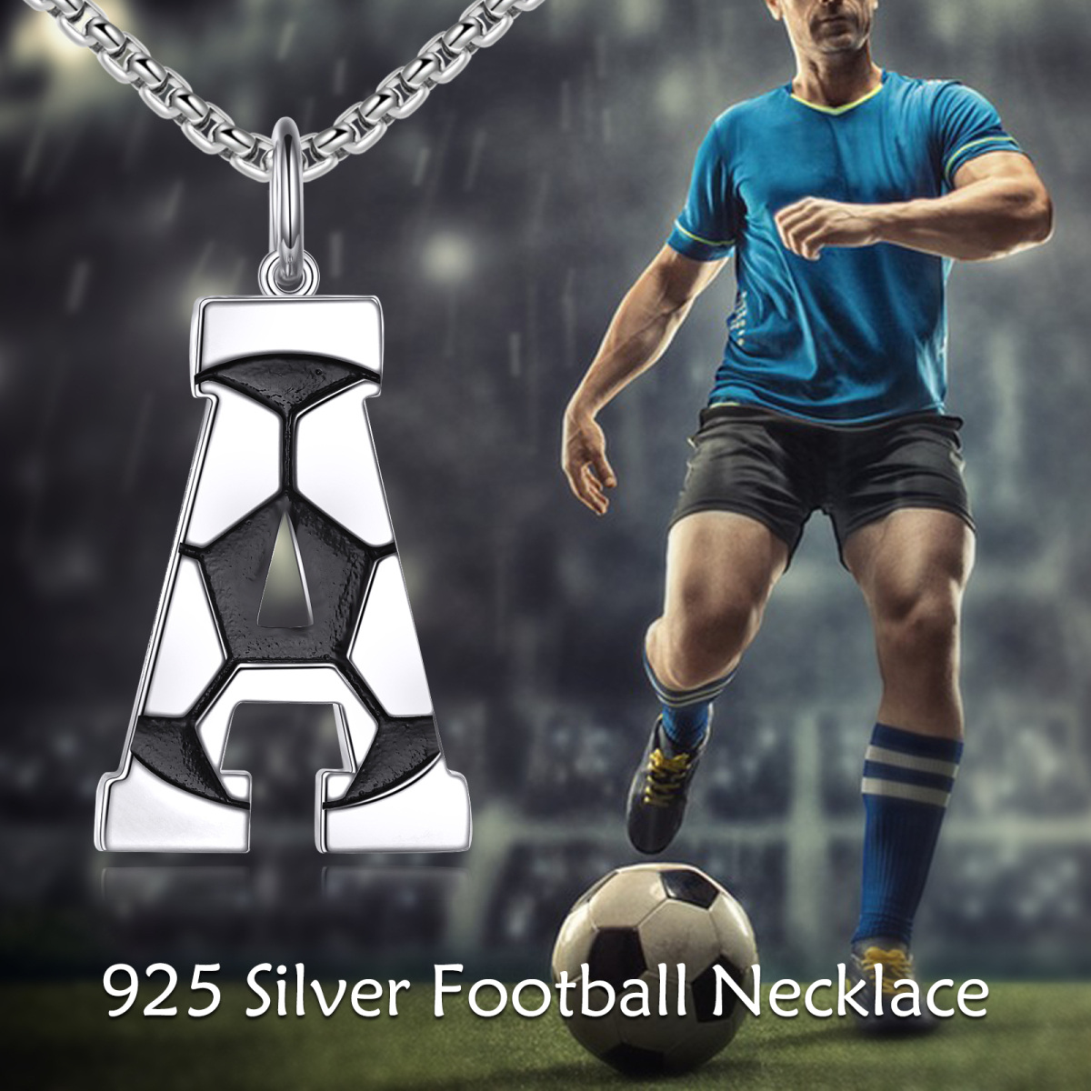 Sterling Silver Football Pendant Necklace with Initial Letter A for Men-5