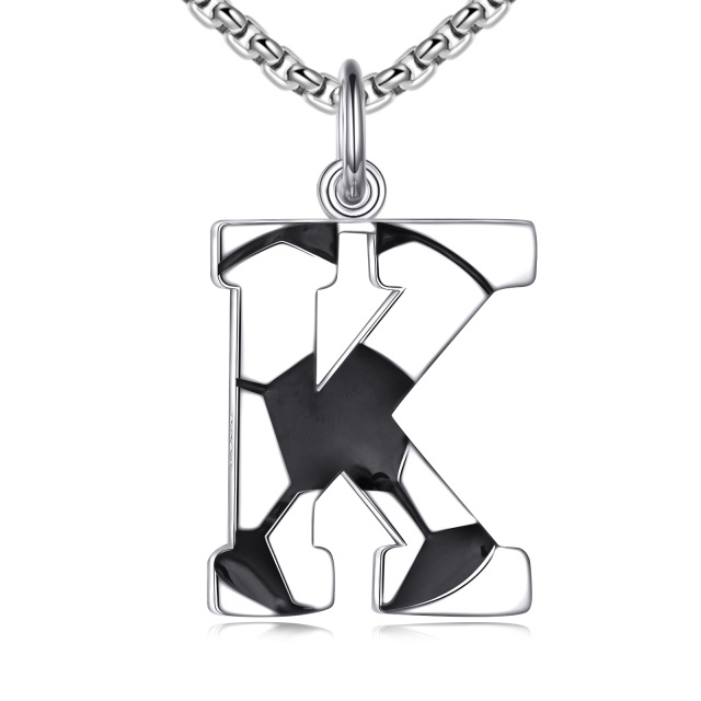 Sterling Silver Football Pendant Necklace with Initial Letter K for Men-1