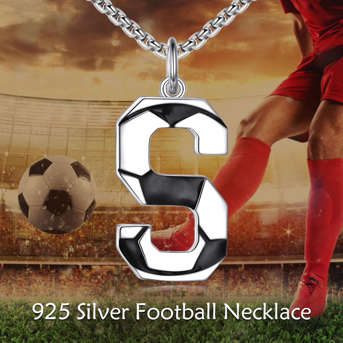 Sterling Silver Football Pendant Necklace with Initial Letter S for Men-3