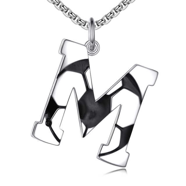 Sterling Silver Football Pendant Necklace with Initial Letter M for Men-1