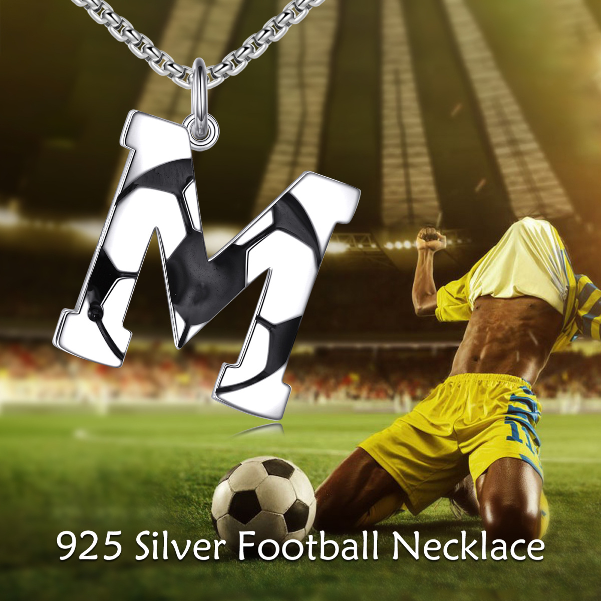 Sterling Silver Football Pendant Necklace with Initial Letter M for Men-6