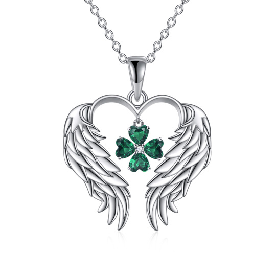 Sterling Silver Cubic Zirconia Four Leaf Clover & Angel Wing Pendant Necklace