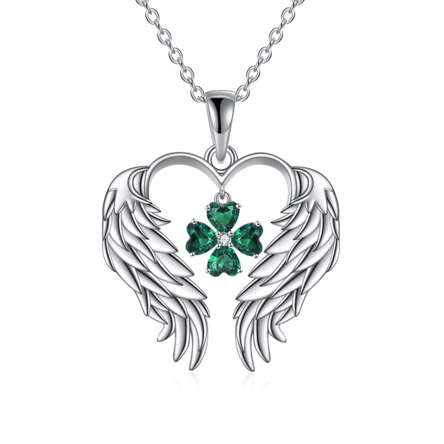 Sterling Silver Cubic Zirconia Four Leaf Clover & Angel Wing Pendant Necklace-1