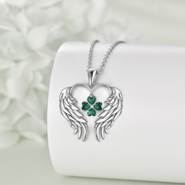 Sterling Silver Cubic Zirconia Four Leaf Clover & Angel Wing Pendant Necklace-3