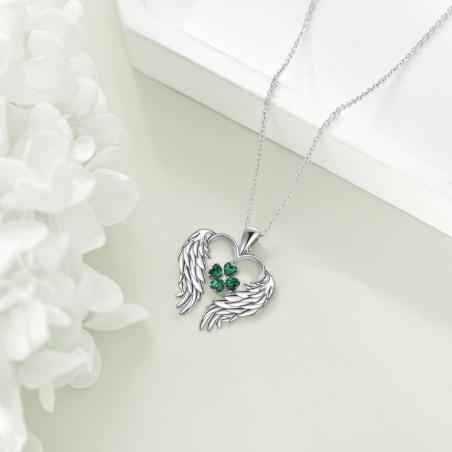 Sterling Silver Cubic Zirconia Four Leaf Clover & Angel Wing Pendant Necklace-4