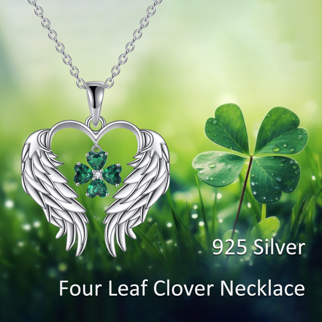 Sterling Silver Cubic Zirconia Four Leaf Clover & Angel Wing Pendant Necklace-6