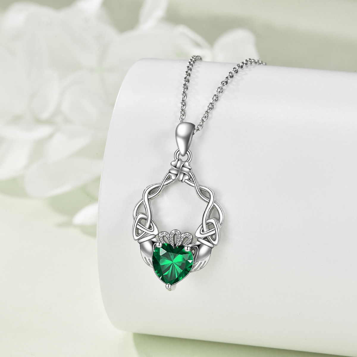 Sterling Silver Cubic Zirconia Four Leaf Clover & Celtic Knot & Claddagh Pendant Necklace-3