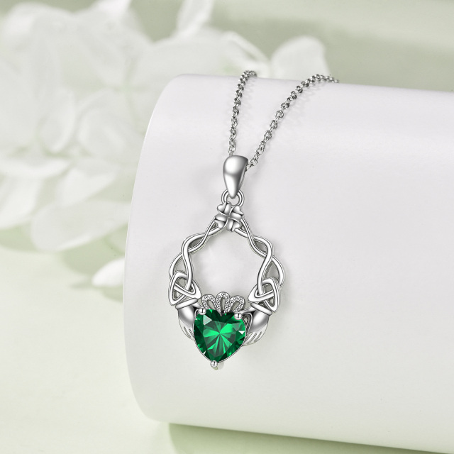 Sterling Silver Cubic Zirconia Four Leaf Clover & Celtic Knot & Claddagh Pendant Necklace-3