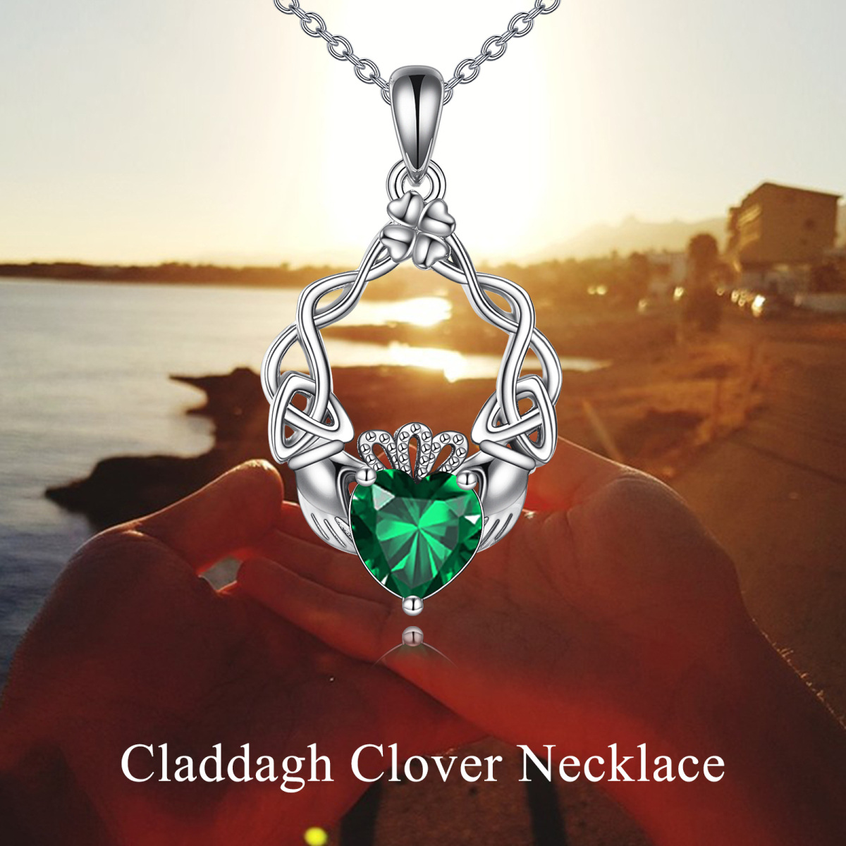 Sterling Silver Cubic Zirconia Four Leaf Clover & Celtic Knot & Claddagh Pendant Necklace-6