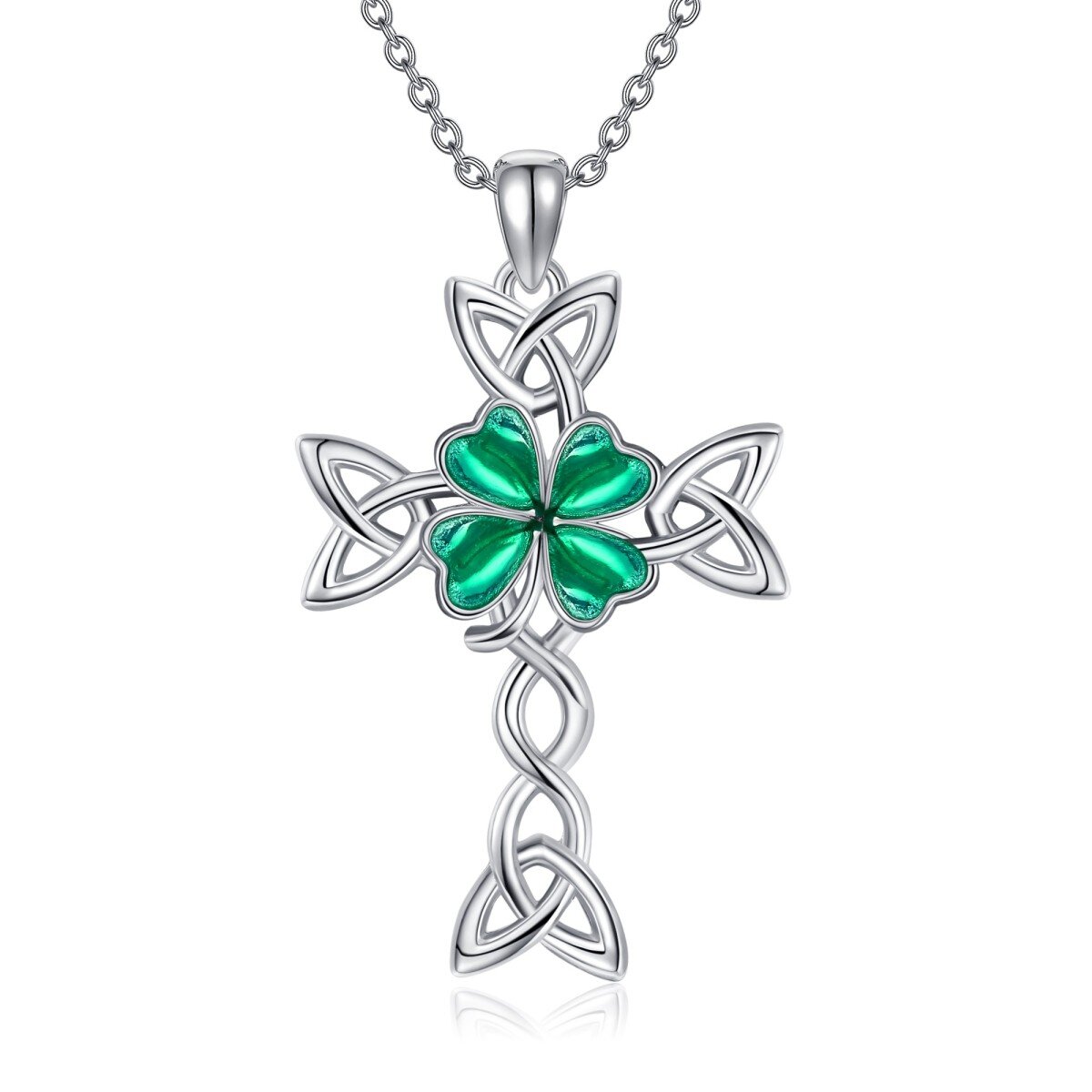 Collar con colgante de cruz de nudo celta y trébol de cuatro hojas en plata de ley-1