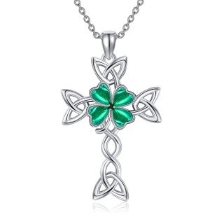 Sterling Silver Four Leaf Clover & Celtic Knot & Cross Pendant Necklace-1