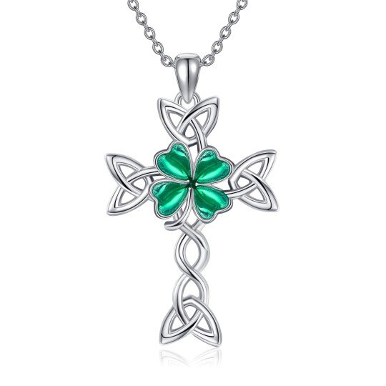 Collar con colgante de cruz de nudo celta y trébol de cuatro hojas en plata de ley