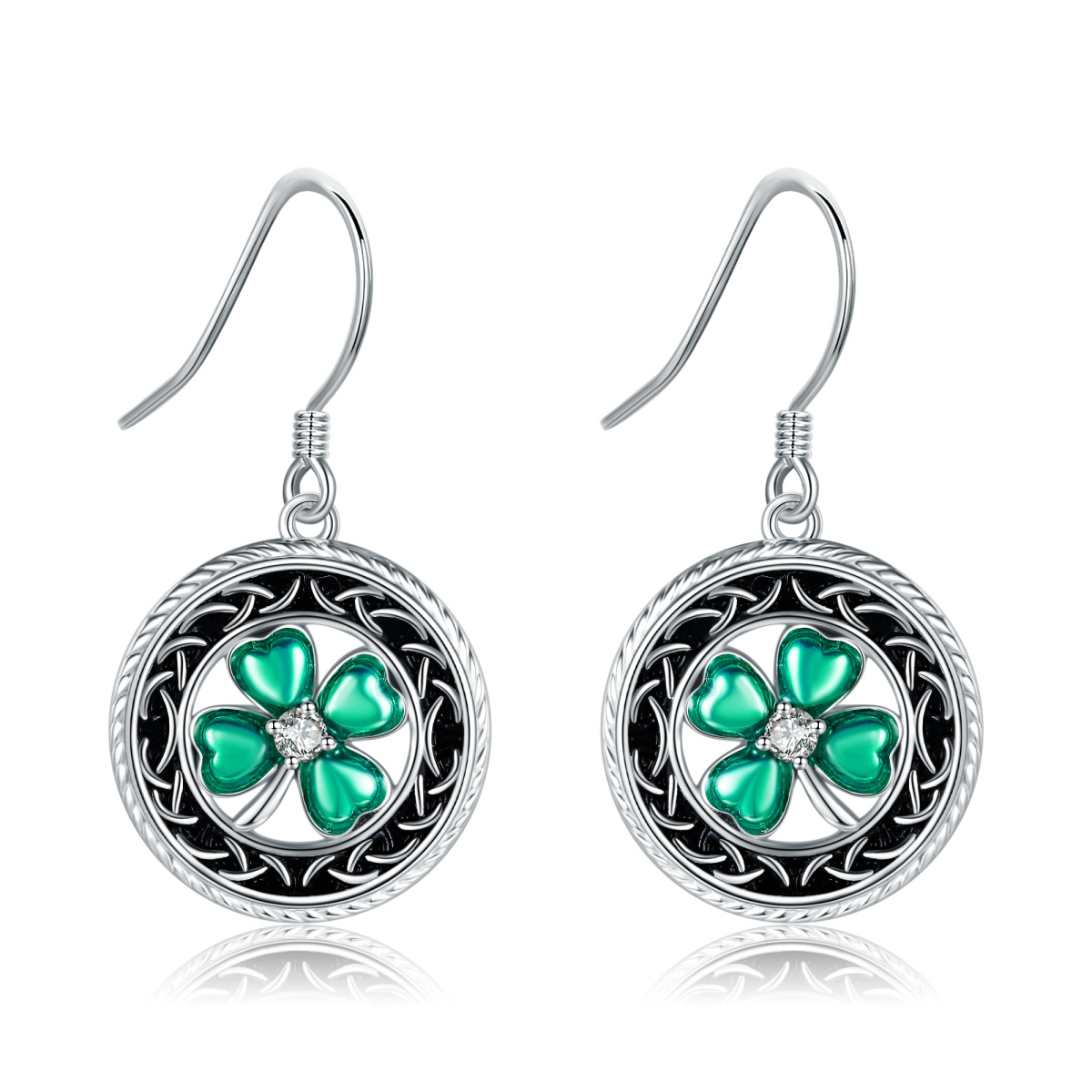 Sterling Silver Cubic Zirconia Four Leaf Clover & Celtic Knot Drop Earrings-1