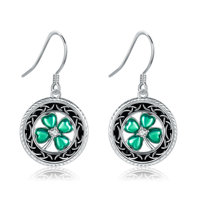 Sterling Silver Cubic Zirconia Four Leaf Clover & Celtic Knot Drop Earrings