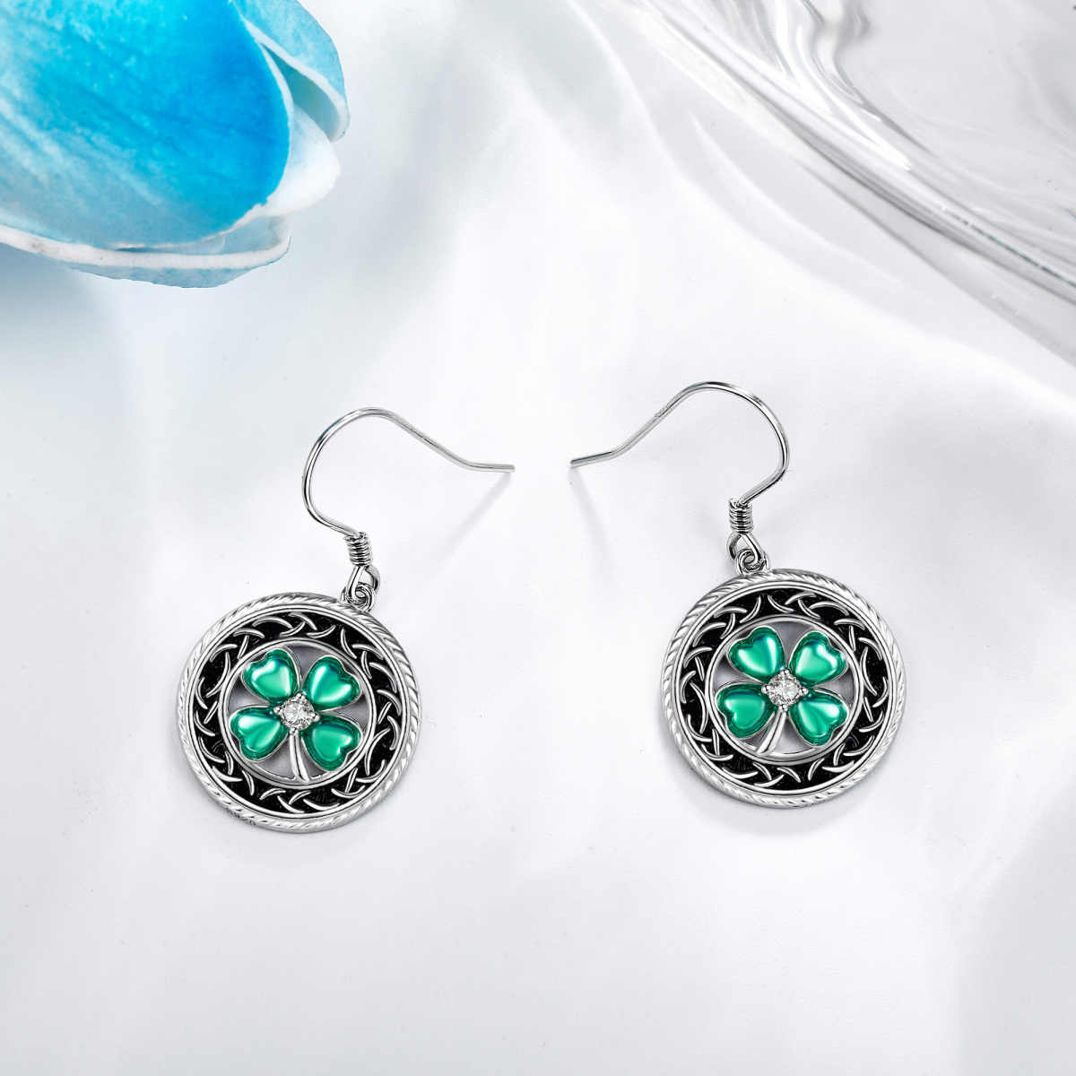 Boucles d'oreilles pendantes en argent sterling et oxyde de zirconium, trèfle à quatre feuilles, nœud celtique-4