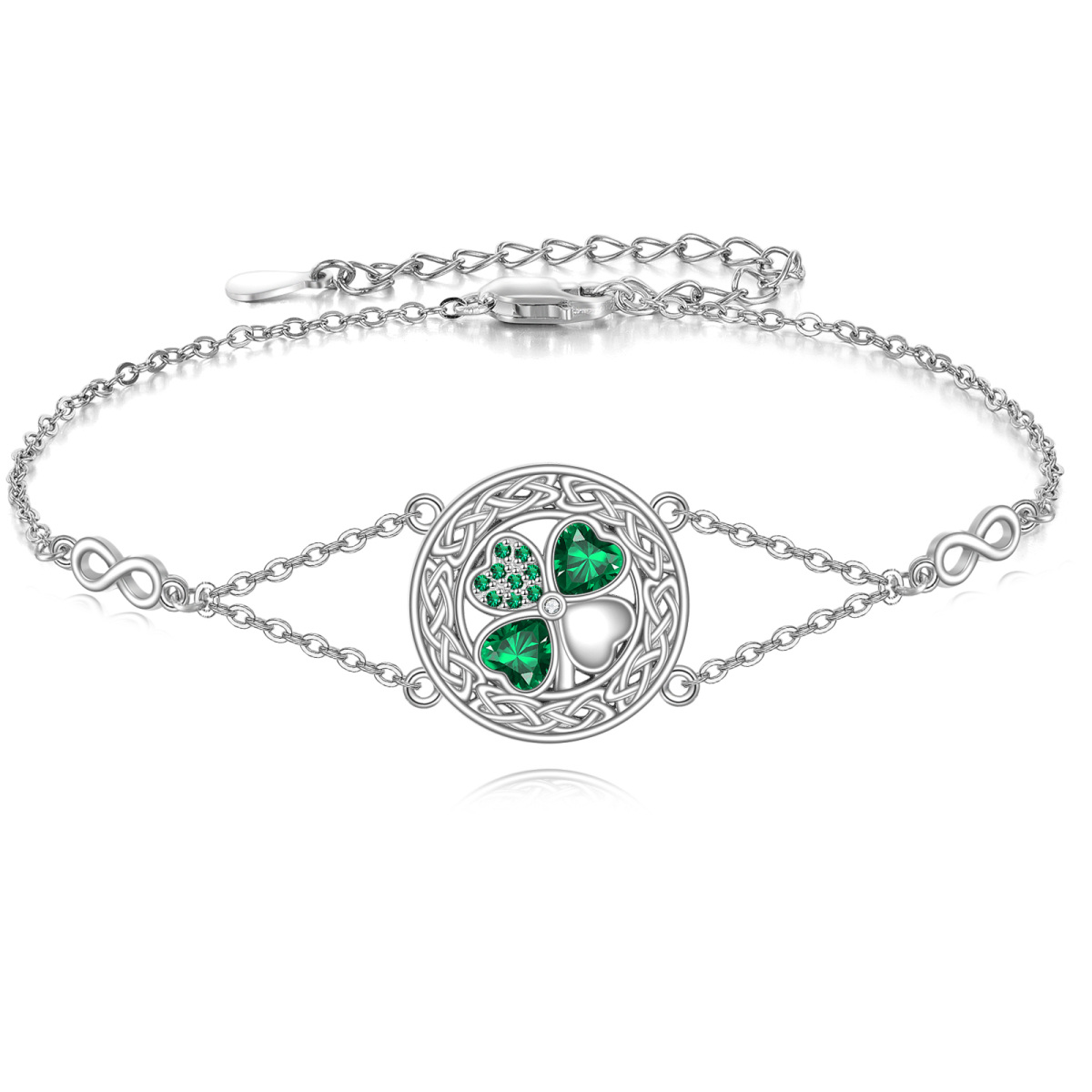 Sterling Silver Cubic Zirconia Four Leaf Clover & Celtic Knot & Infinity Symbol Pendant Bracelet-1