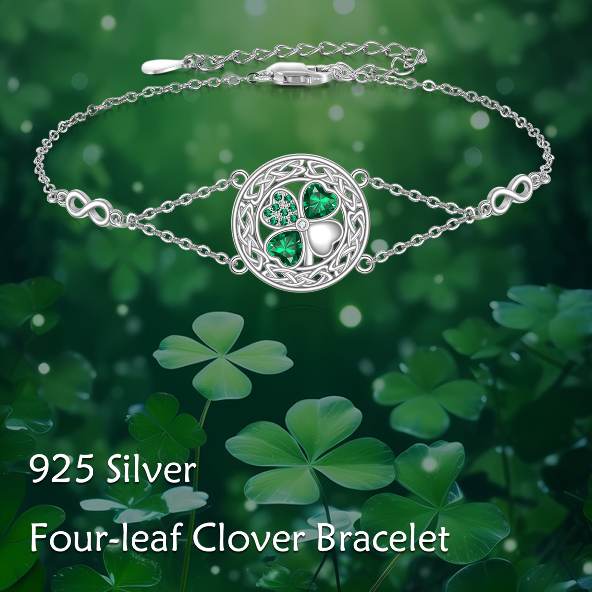 Sterling Silver Heart Cubic Zirconia Four Leaf Clover & Celtic Knot Infinity Symbol Charm Bracelet For Women-5