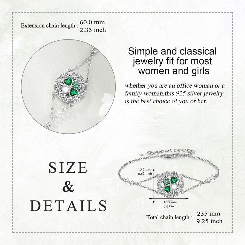 Sterling Silver Heart Cubic Zirconia Four Leaf Clover & Celtic Knot Infinity Symbol Charm Bracelet For Women-6