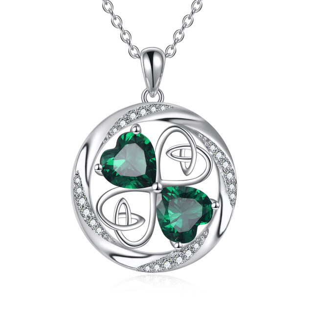 Sterling Silver Cubic Zirconia Four Leaf Clover & Celtic Knot Pendant Necklace-1