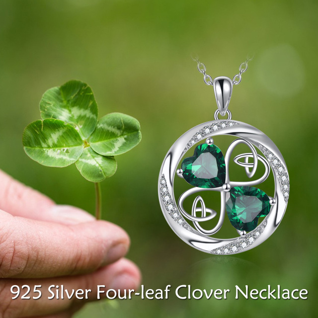 Sterling Silver Cubic Zirconia Four Leaf Clover & Celtic Knot Pendant Necklace-6