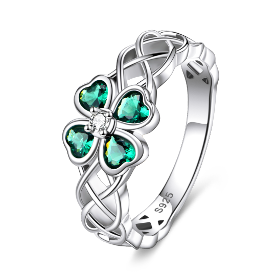 Sterling Silver Cubic Zirconia Four Leaf Clover & Celtic Knot Ring