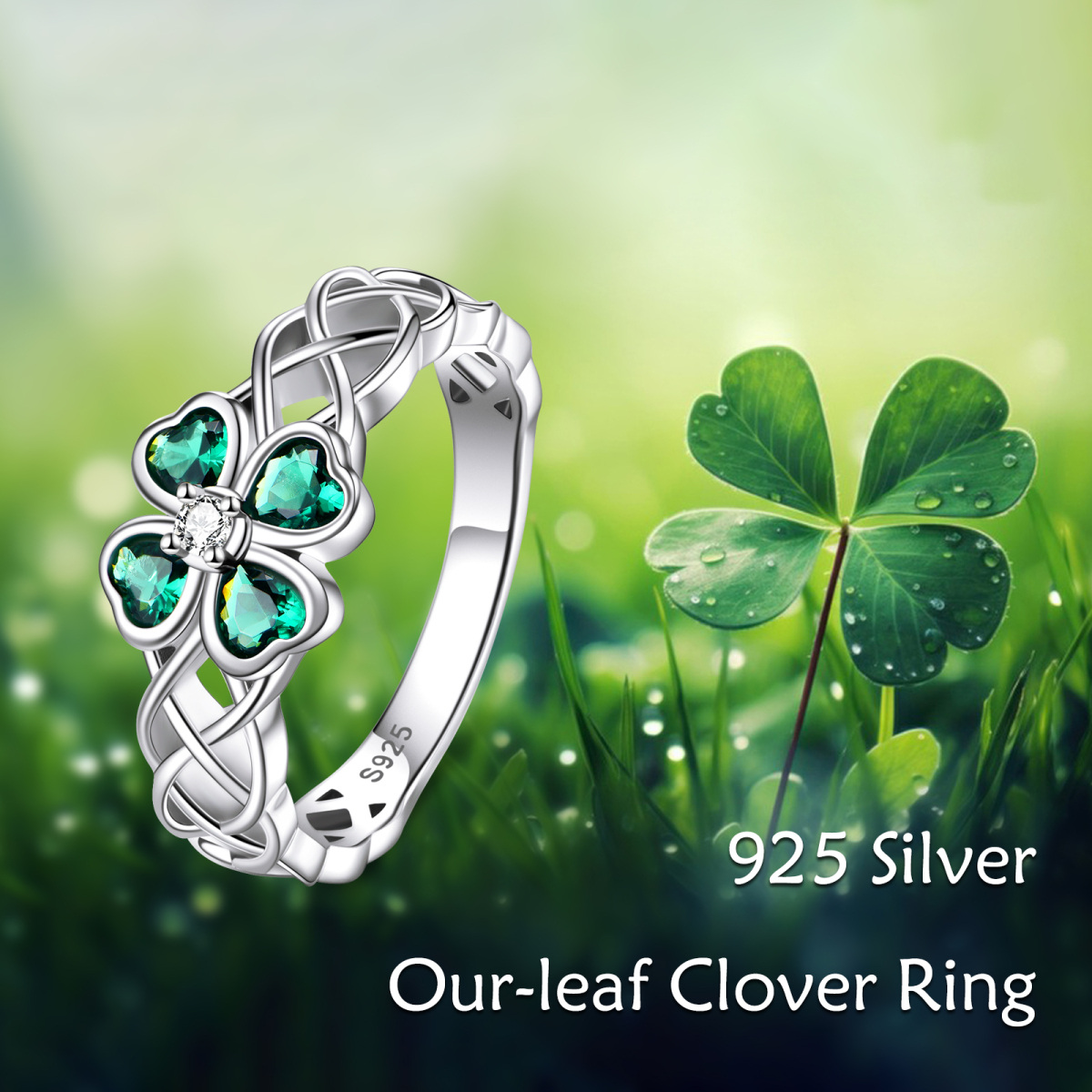 Sterling Silver Cubic Zirconia Four Leaf Clover & Celtic Knot Ring-6