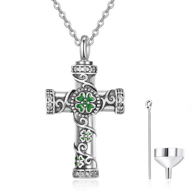 Sterling Silver Four Leaf Clover & Cross Urn Necklace for Ashes-1