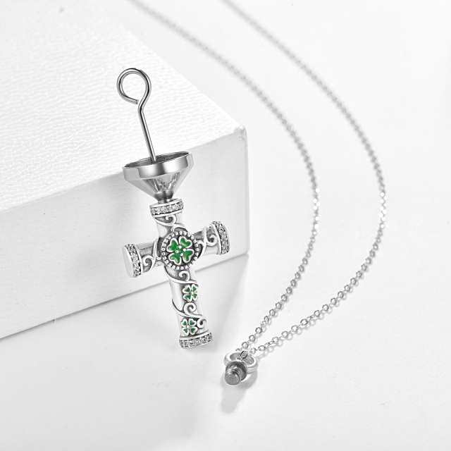 Sterling Silver Four Leaf Clover & Cross Urn Necklace for Ashes-4