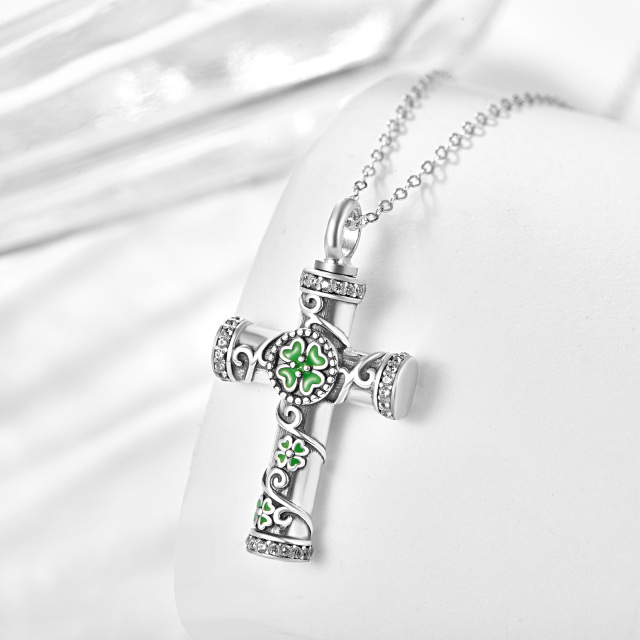 Sterling Silver Four Leaf Clover & Cross Urn Necklace for Ashes-5